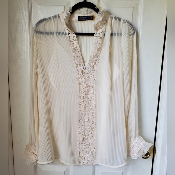 Polo by Ralph Lauren Cream Lace Trim Chiffon Blouse Size Small - Picture 3 of 10